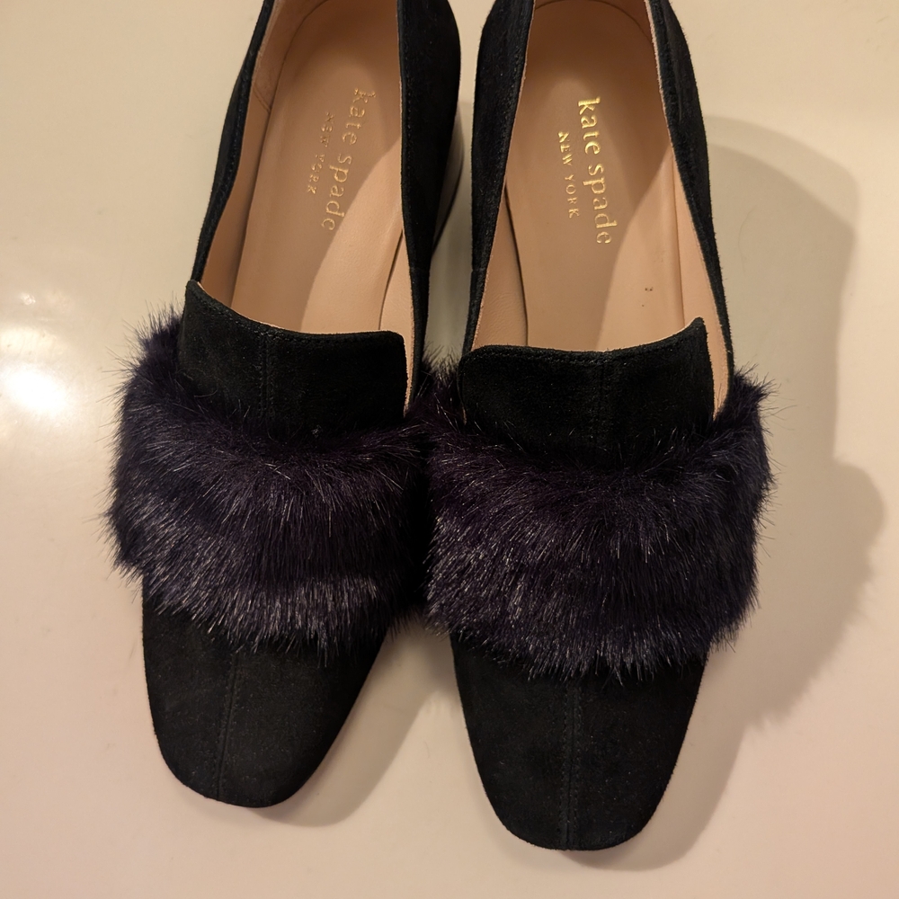 Kate Spade New York BLK Faux Fur-Trimmed Suede Women's Heeled Loafer | 6 M